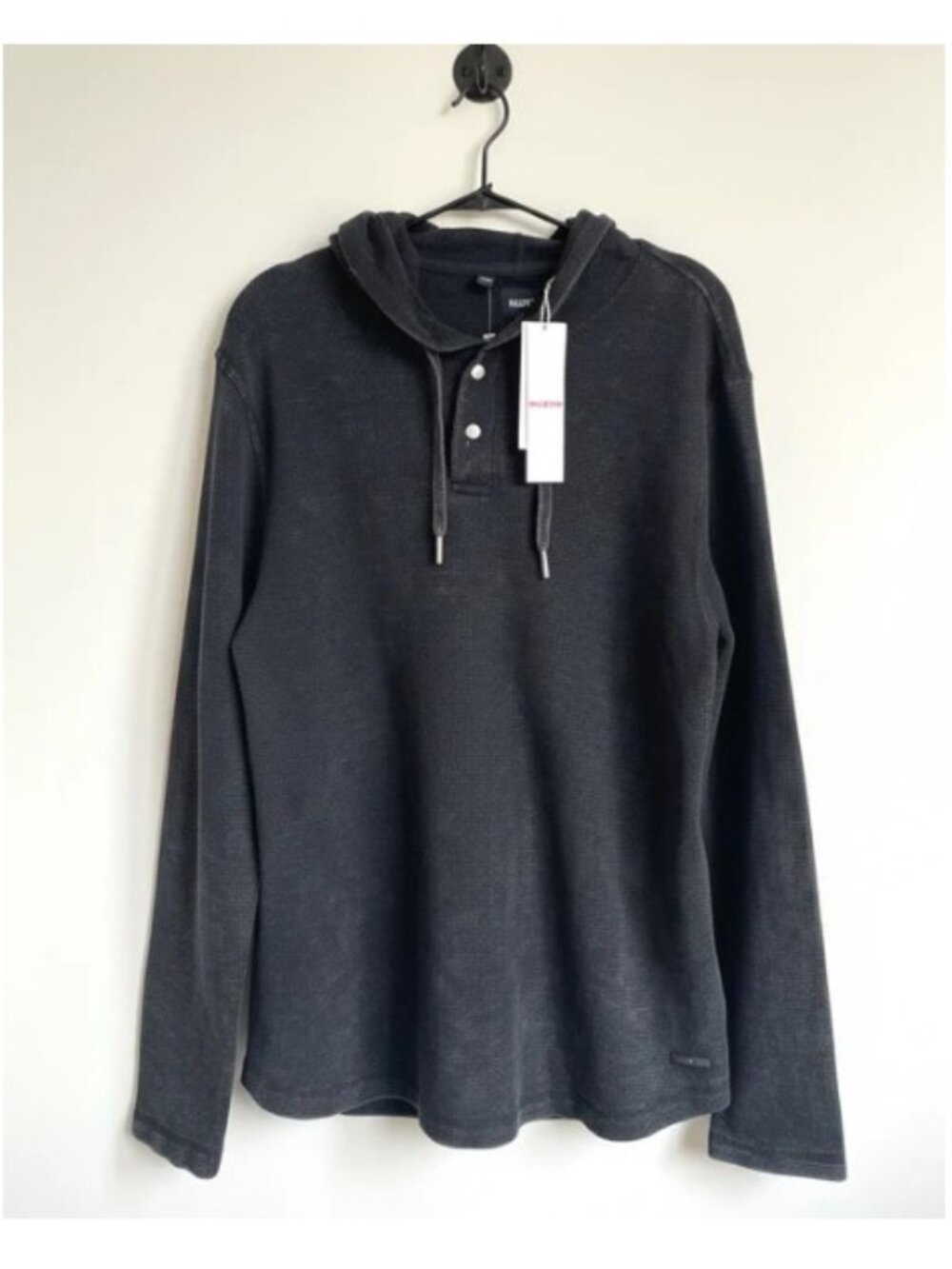 HUDSON Mens Black Waffle Knit Henley Hoodie Pullover Sweater Large